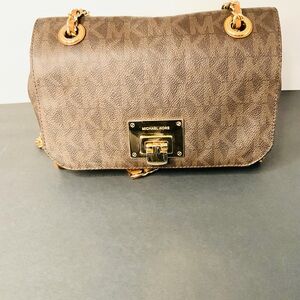 Michael Kors Brown MK Signature Chain Shoulder Bag Gold Hardware